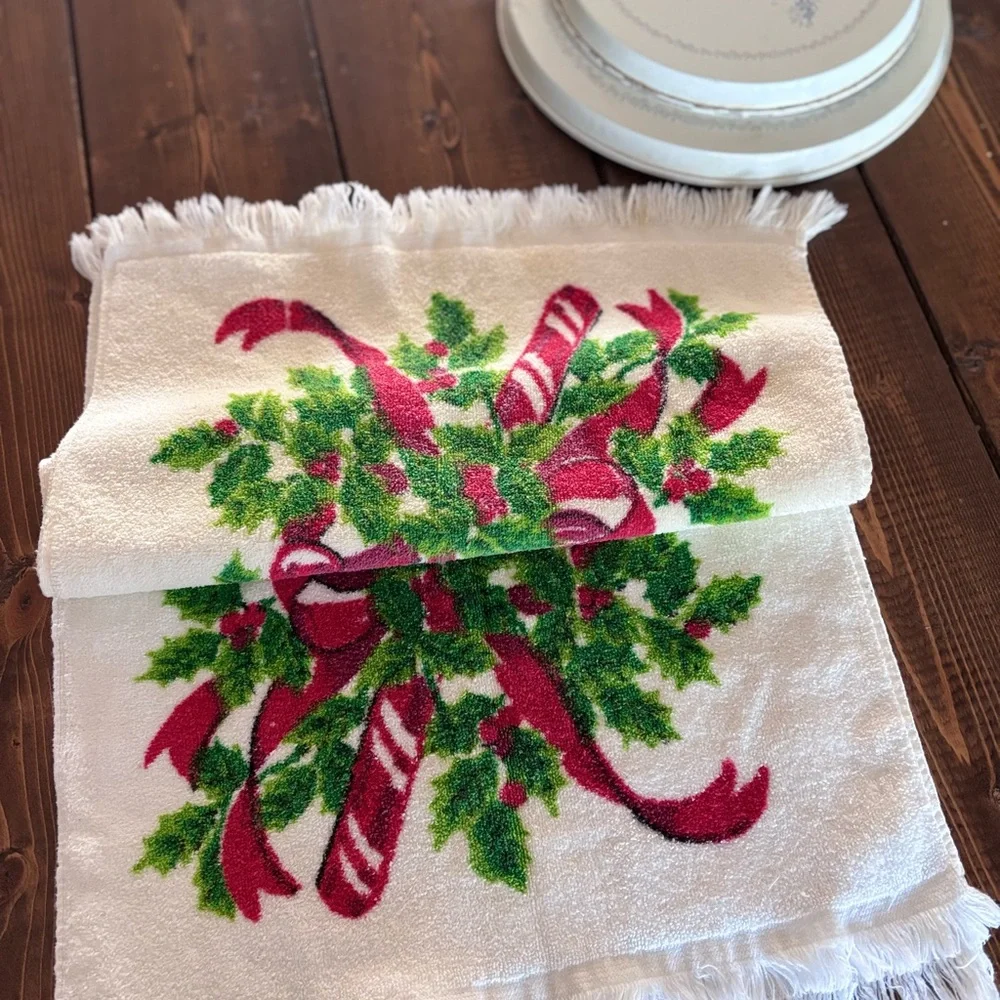 Holiday Candy Cane Decorative Hand Towel - White, Red & Green set of 2